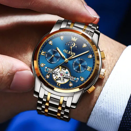 Vista 4 de OLEVS Men Automatic Watch Skeleton Moon Phase Dial Luxury Dress Stainless Steel Strap 5 Hands Diamond Men Wrist Watches