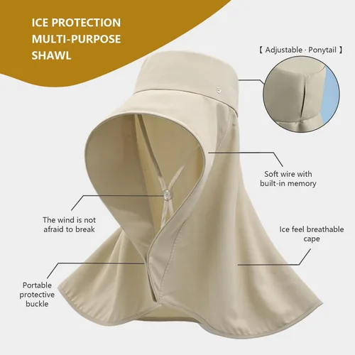 Vista 5 de Sombrero de sol para mujer, sombrero de sol de ala ancha con solapa para el cuello, sombreros de pesca con protección UV, sombrero de sol para mujer
