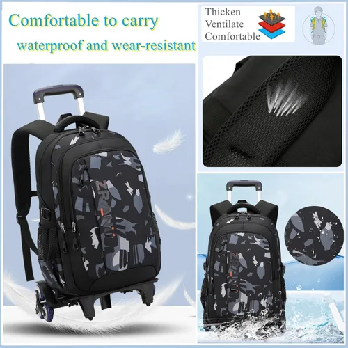 Vista 5 de EKUIZAI Mochila negra con ruedas para niños, mochila con ruedas, Rueda Azul-6