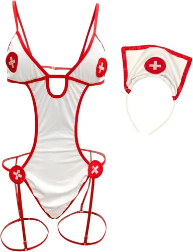 Vista 7 de HOTSO Traje sexy de enfermera con liguero para mujer, disfraz de enfermera traviesa, juego de rol, lencería de médico, cosplay, babydoll con diadema