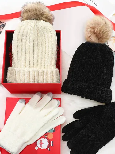 Vista 6 de 4 piezas mujeres invierno punto Beanie sombrero pantalla táctil guante conjunto grueso Chenille punto Pom sombrero sombrero caliente guantes