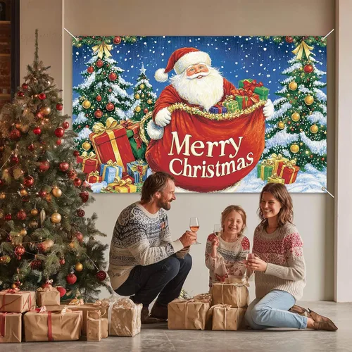 Vista 2 de HOMETITUTE Cartel de Feliz Navidad de Papá Noel de 71 x 43 pulgadas, telón de fondo navideño con bolsa de regalo y árbol de Navidad para interiores