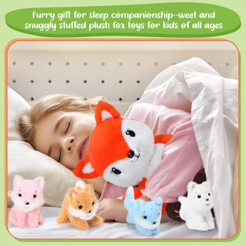 Vista 7 de HyDren Juego de 5 juguetes de peluche de zorro de 14 pulgadas con 4 lindos zorros de peluche en el abdomen, suaves peluches de zorro para baby