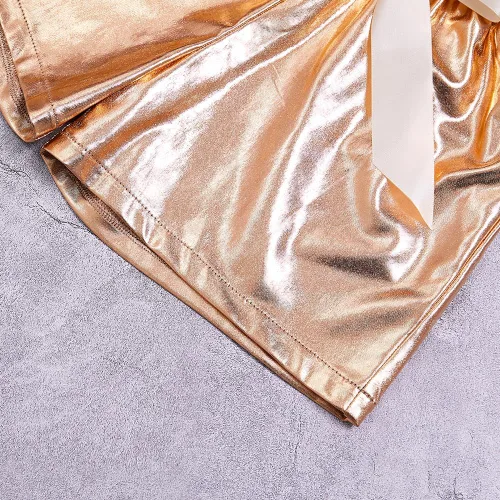 Vista 5 de Pantalones cortos metálicos de piel sintética para niñas pequeñas, pantalones cortos de Halloween con lazos para el pelo de murciélago