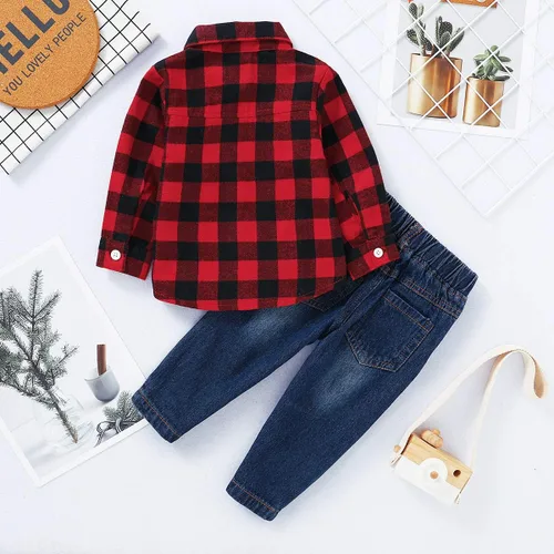 Vista 3 de MAMAMI Conjunto de 2 piezas de camisa de franela a cuadros rojos para bebés, niños y niñas, cintura elástica, agujeros rasgados, pantalones