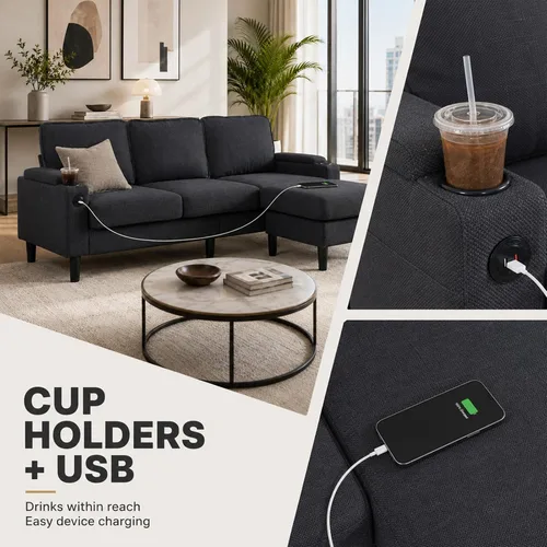 Vista 6 de Sofá modular de terciopelo en forma de L de 67 pulgadas con otomana, sofá convertible de 3 asientos con asiento profundo de nube para sala de estar