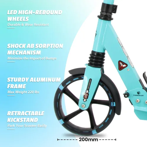 Vista 5 de Scooter para niños a partir de 8 años, adolescentes y adultos, scooter ligero con correa de transporte de altura ajustable equipado con freno