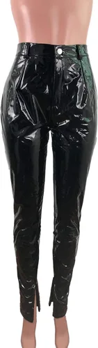 Vista 3 de Kafiloe Leggings sexys de piel sintética para mujer, cintura alta, con cremallera, pantalones Bpdycon
