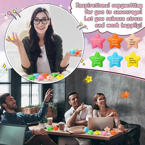 Vista 4 de Leyndo 100 bolas de estrés con forma de estrella a granel con citas motivacionales para aliviar el estrés de 2.2 pulgadas, mini bola de estrés