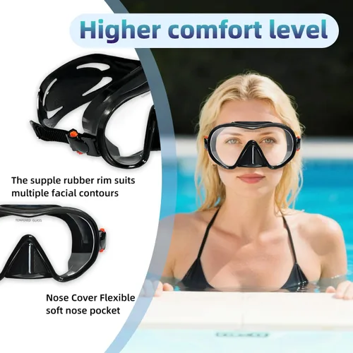 Vista 6 de M105 - Máscara de buceo panorámica HD de silicona, antivaho de 180°, máscara de buceo de vidrio templado, gafas de natación para adultos y jóvenes