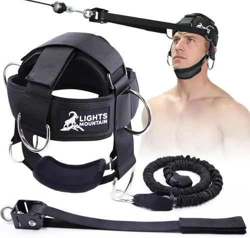 Vista 9 de Arnés de cuello ajustable con sistema de polea y bandas de resistencia, entrenamiento multidireccional de levantamiento de pesas para el cuello