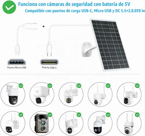 Vista 5 de Panel solar de 13W para cámaras de seguridad, USB-C, micro USB y DC