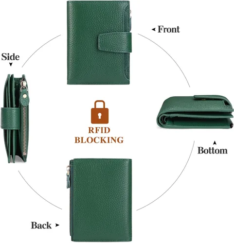 Vista 4 de FALAN MULE Cartera pequeña para mujer, de piel auténtica, plegable, compacta, con bloqueo RFID, pequeña cartera para mujer, Manzana Verde