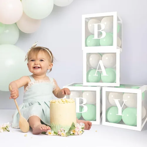 Vista 6 de Cajas de baby shower, decoraciones de fiesta, 4 cajas de globos transparentes blancas para niños y niñas, decoración de baby shower, revelación