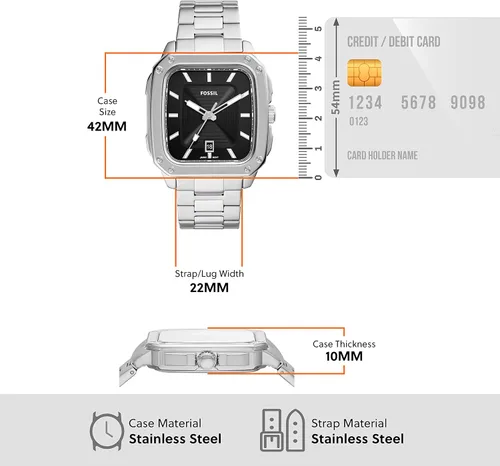 Vista 5 de Fossil Reloj cuadrado de acero inoxidable con inscripción de cuarzo para hombre
