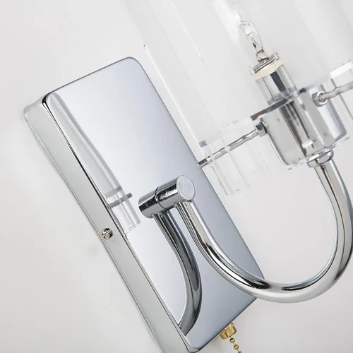 Vista 5 de Aplique de pared de vidrio transparente con interruptor de cadena de tracción, lámpara de tocador de baño cromada, cilíndrica, moderna, de mediados