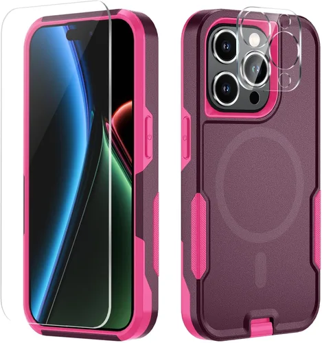 Vista 8 de Xmon Funda magnética para iPhone 15 Pro [probada contra caídas de grado militar y con MagSafe] Protector de pantalla de vidrio templado con lente
