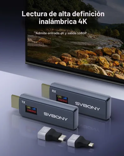 Vista 4 de SVBONY Transmisor y receptor HDMI inalámbrico, transmisor de pantalla LED de 5.8G, salida de video Ultra HD de 1080P/60Hz, extensor HDMI inalámbrico
