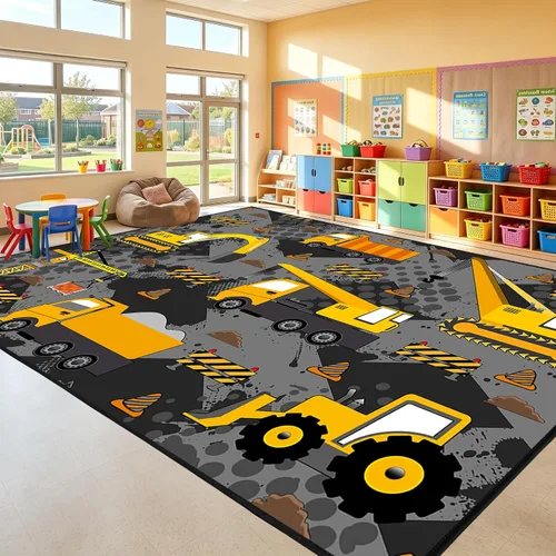 Vista 34 de Alfombra de construcción – Alfombras de construcción para habitación de niños, divertido diseño de camión de dibujos animados, alfombra de coche