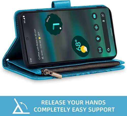 Vista 3 de Asuwish Funda de teléfono para Google Pixel 6A 5G 2022 con protector de pantalla de vidrio templado y soporte de tarjeta de crédito con tapa de Azul