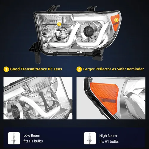 Vista 3 de DWVO Ensamble de faros Compatible con 2007-2013 Tundra / 2008 2009 2010 2011 2012 2013 2014 2015 2016 2017 Sequoia Carcasa de faro cromada Reflector