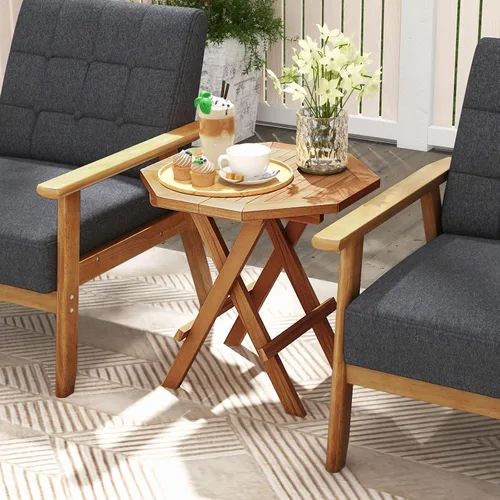 Vista 7 de RELAX4LIFE Mesa auxiliar plegable para exteriores, mesa auxiliar de madera de teca, mesa de café octogonal con mesa de listones, mesa de campamento