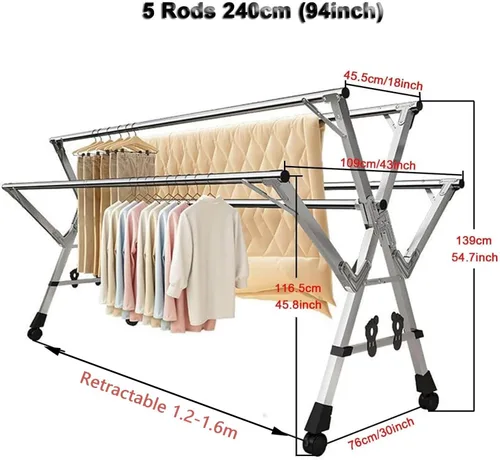 Vista 2 de Collapsible Clothes Drying Rack Foldable with Wheels, Heavy Duty Stainless Steel Laundry Stand for Drying Clothes, Towels, and Linens.1.2,1.6m