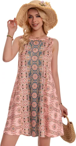 Vista 4 de Vestidos de verano para mujer de playa estilo bohemio, sin mangas, vintage, floral, vaporoso, con bolsillo, camiseta sin mangas, vestidos de verano