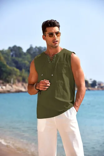 Vista 2 de COOFANDY - Camisetas sin mangas de algodón y lino para hombre, estilo hippie, con diseño de encaje, para la playa, estilo bohemio, renacentista