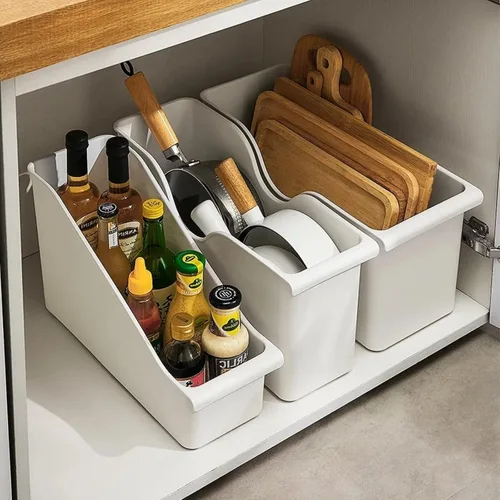 Vista 7 de Organizador y almacenamiento de armario de cocina, estante de plástico para botellas de especias, estante con ruedas, organizador de despensa, cesta