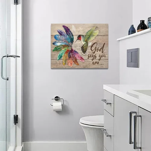 Vista 2 de Arte de pared de colibrí cristiano con texto en inglés "God says you ers", impresiones en lienzo, pintura rústica de pájaros de campo, obras de arte