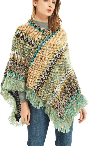 Vista 4 de Bufanda cálida de invierno étnica retro gruesa estilo señoras, capa de chal, sassel, bufanda de color a rayas