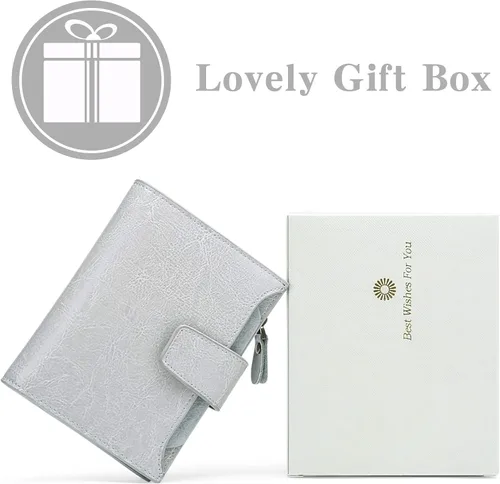 Vista 7 de FALAN MULE - Cartera de cuero auténtico para mujer, pequeña, plegable y compacta, con bloqueo de interferencia de radiofrecuencia (RFID)