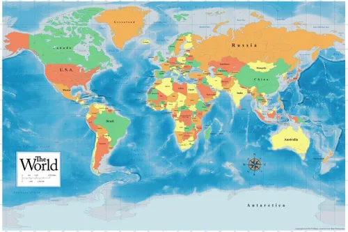 Vista 2 de Laminado oficial 2026 mapa mundial aula tabla de referencia colores vibrantes geografía tabla geográfica actualizada educativa Miller proyección