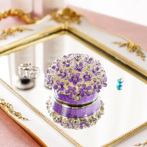 Vista 6 de YU FENG Cajas de baratijas con bisagras de 3 pulgadas con cristal esmaltado morado Forget Me Not Flower Butterfly Barinket Joyero para mujeres