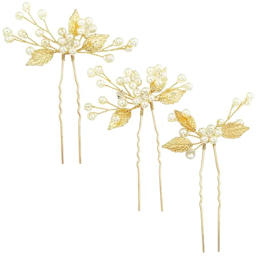 Vista 2 de Juego de 3 horquillas para el pelo de boda con forma de U y hojas doradas, accesorios para la cabeza para novias, mujeres, niñas, fiestas, juego de 3