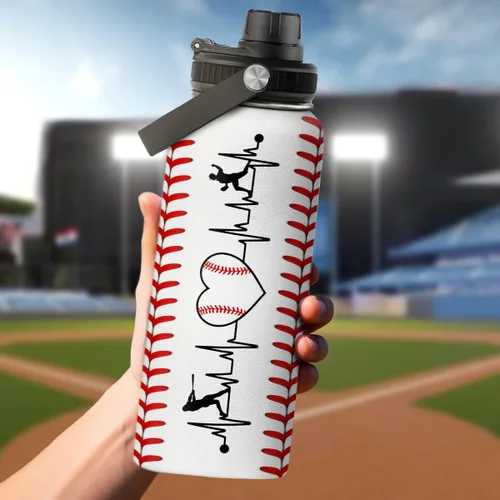 Vista 7 de Botella de agua de béisbol de 32 onzas con aislamiento de acero inoxidable para hombres, mujeres, amantes de los deportes, regalos de béisbol