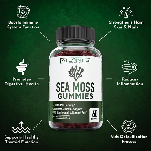 Vista 4 de Gomitas de musgo marino irlandés, 3000 mg, formuladas con musgo marino irlandés, vejiga y raíz de bardana, contienen vitaminas y minerales