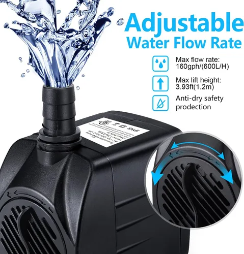 Vista 2 de CWKJ Bomba de fuente, bomba de agua sumergible de 160 GPH(10 W, 600 L/H), bomba de agua duradera para fuente al aire libre con tubo de 4.9 pies