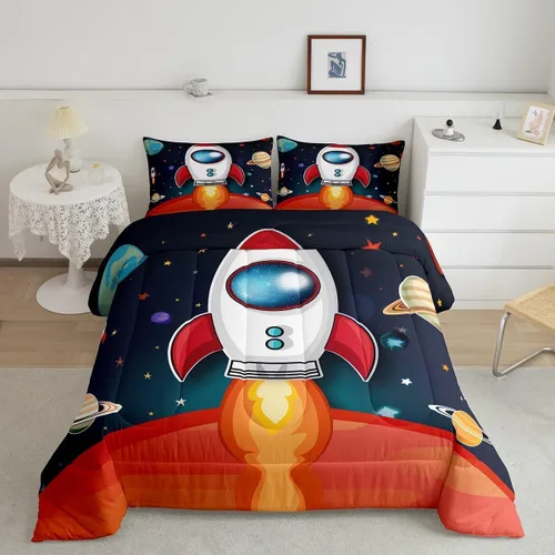 Vista 11 de Juego de edredón espacial para niños, 2 piezas, estampado de cohetes espaciales, tamaño individual, con funda de almohada, relleno de edredón