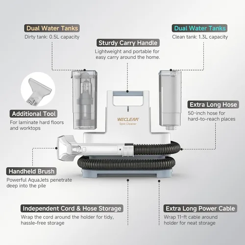 Vista 6 de WECLEAN C1 Extractor portátil para sofá y alfombra Limpiador de tapicería para limpieza profunda Blanco