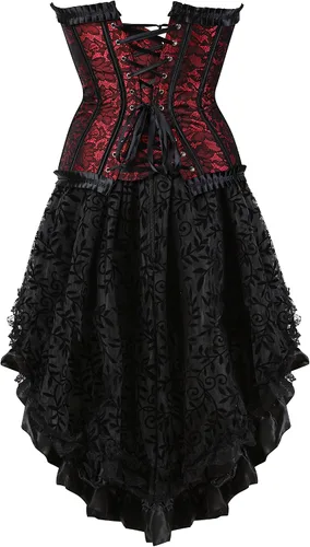 Vista 3 de frawirshau - Vestido de corsé de encaje para mujer, estilo Burlesque, disfraz steampunk para Halloween