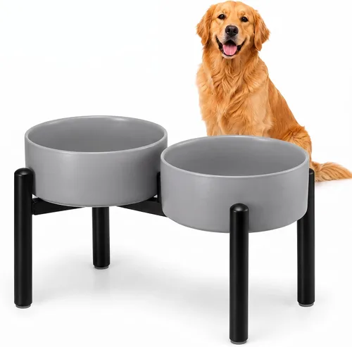 Vista 23 de Juego de cuencos elevados de cerámica para perros con soporte, 2 tazas de Negro