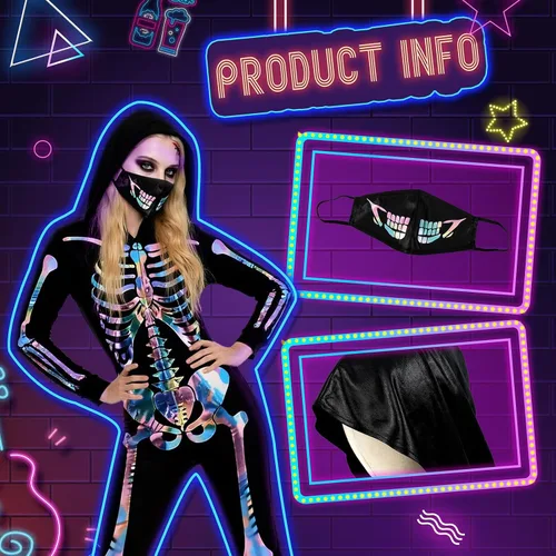 Vista 3 de Disfraz de esqueleto para mujer, neón 3D, enterizo de Body llamativo con estampado de esqueleto 3D de arcoíris para Halloween, cosplay, noche