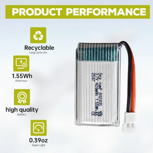 Vista 5 de sea jump 2 baterías Lipo de 3.7 V 420 mAh 25C con cable de carga USB, enchufe Molex compatible con la mayoría de drones RC Quadcopters, aviones