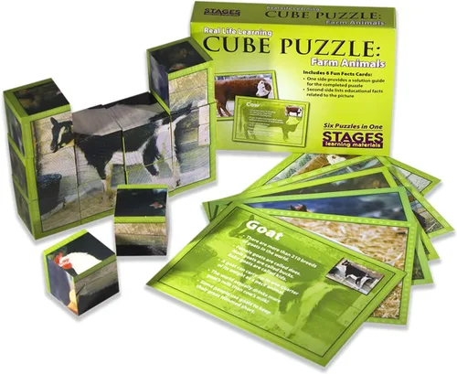 Vista 3 de Stages Aprendizaje de madera de granja animal cubo rompecabezas para preescolar lenguaje constructor (SLM408)