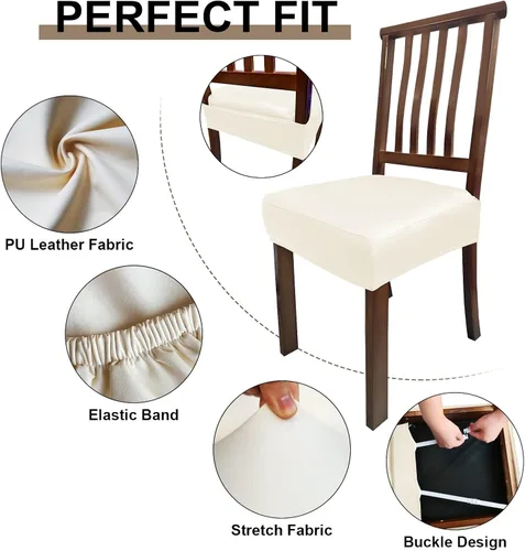 Vista 5 de Juego de 4 fundas de asiento impermeables de piel sintética para sillas de comedor, fundas de asiento suaves para sillas de comedor, funda Beige