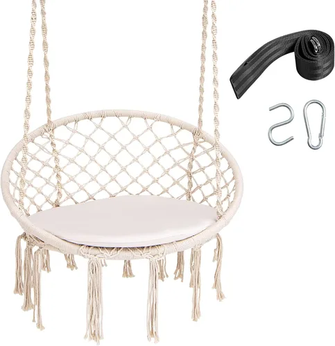 Vista 12 de Happygrill Silla de columpio, hamaca de macramé con cojín de asiento redondo, cuerdas de algodón de poliéster resistentes y anillos de metal Beige