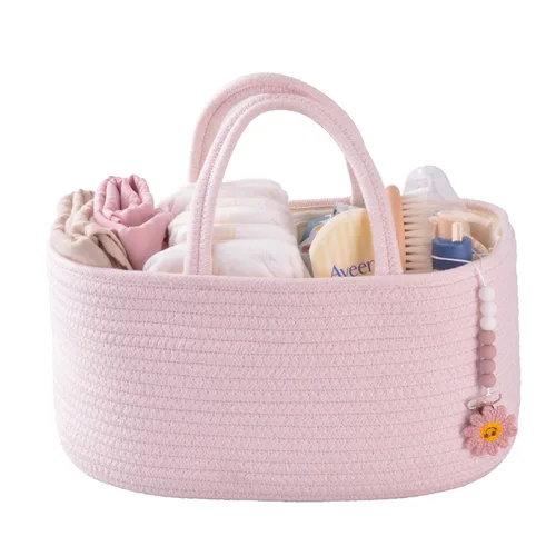 Vista 17 de Organizador de pañales para bebé con asa de cuerda de algodón para niña o niño, cesta de almacenamiento portátil para guardería, bolsa de pañales