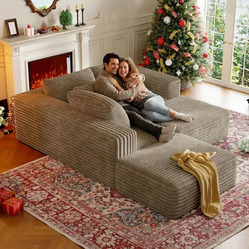 Vista 8 de Sofá modular en forma de nube de 107 pulgadas para sala de estar, sofá modular de pana sin hueso, sofá en forma de U con diván y almohadas, sofá